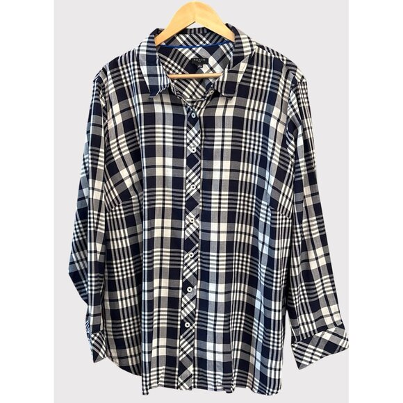 Talbots Plus 3X Navy White Plaid Button Down Shirt New Englander Coastal Chic - Picture 1 of 6
